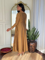 Women Mustard Gold Embroidered Anarkali Kurta Set with Dupatta