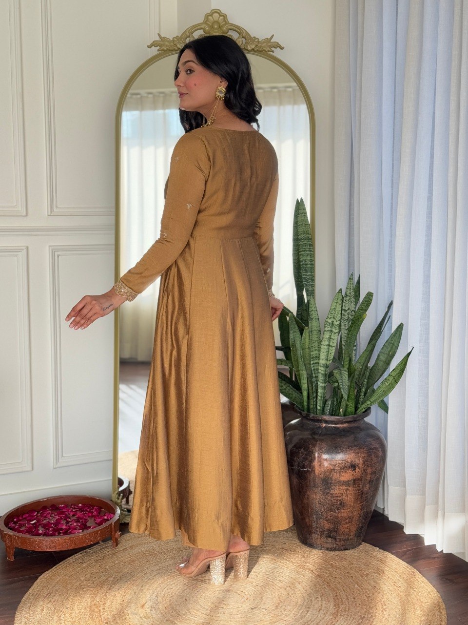 Women Mustard Gold Embroidered Anarkali Kurta Set with Dupatta