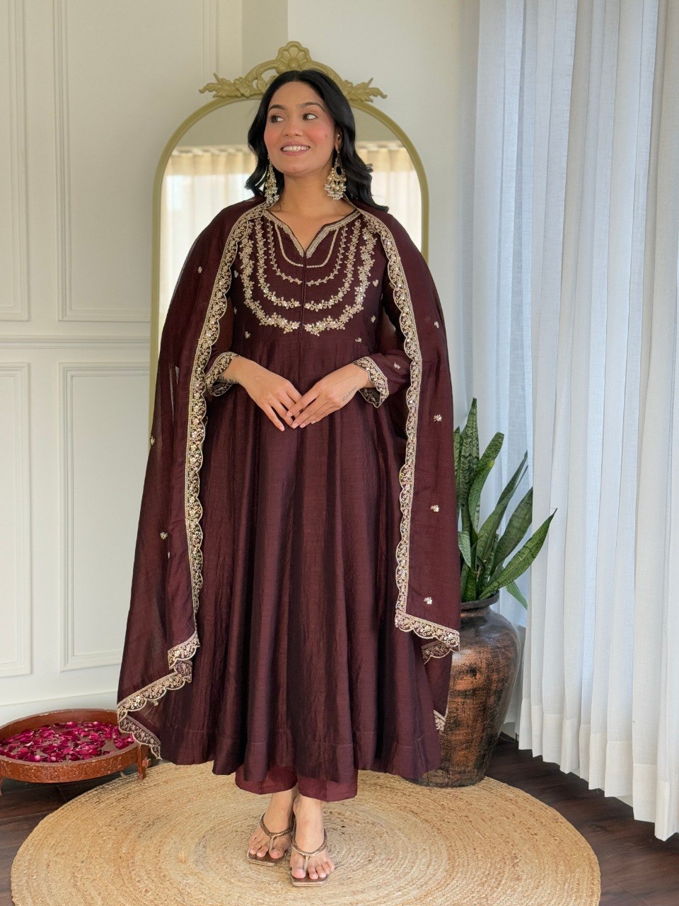 Women Dark Maroon Embroidered Anarkali Kurta Set with Dupatta