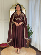Women Dark Maroon Embroidered Anarkali Kurta Set with Dupatta