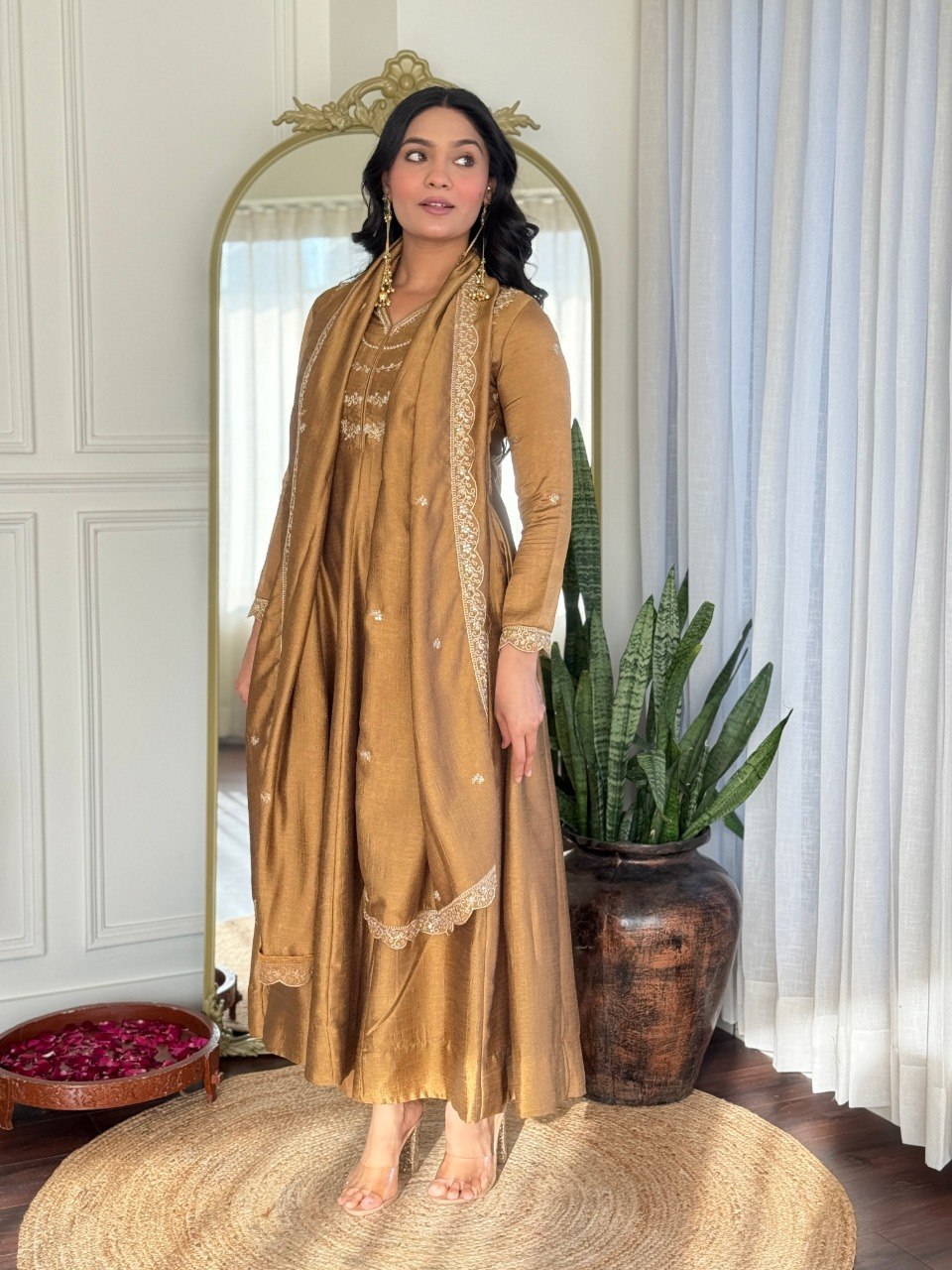 Women Mustard Gold Embroidered Anarkali Kurta Set with Dupatta