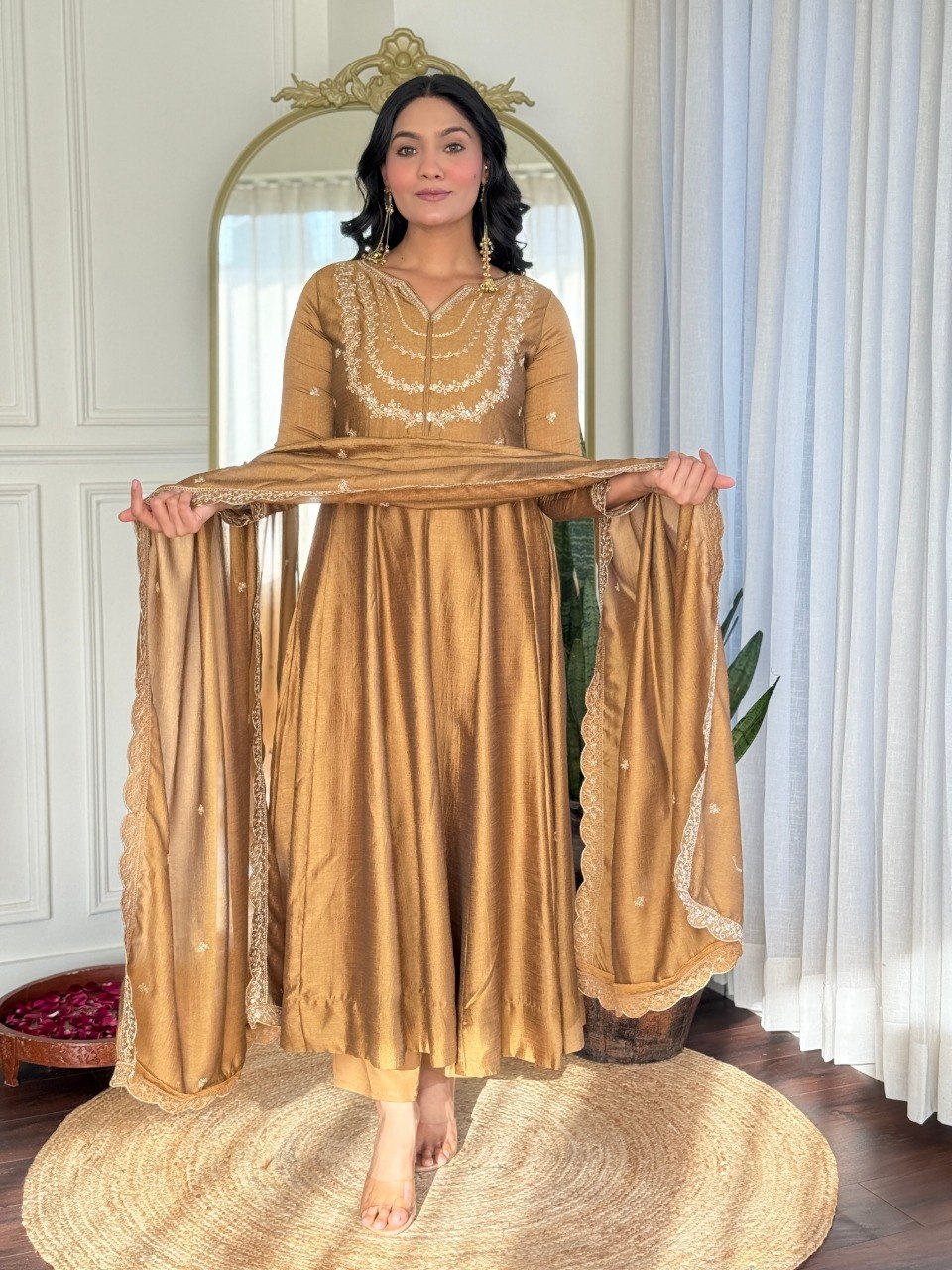 Women Mustard Gold Embroidered Anarkali Kurta Set with Dupatta
