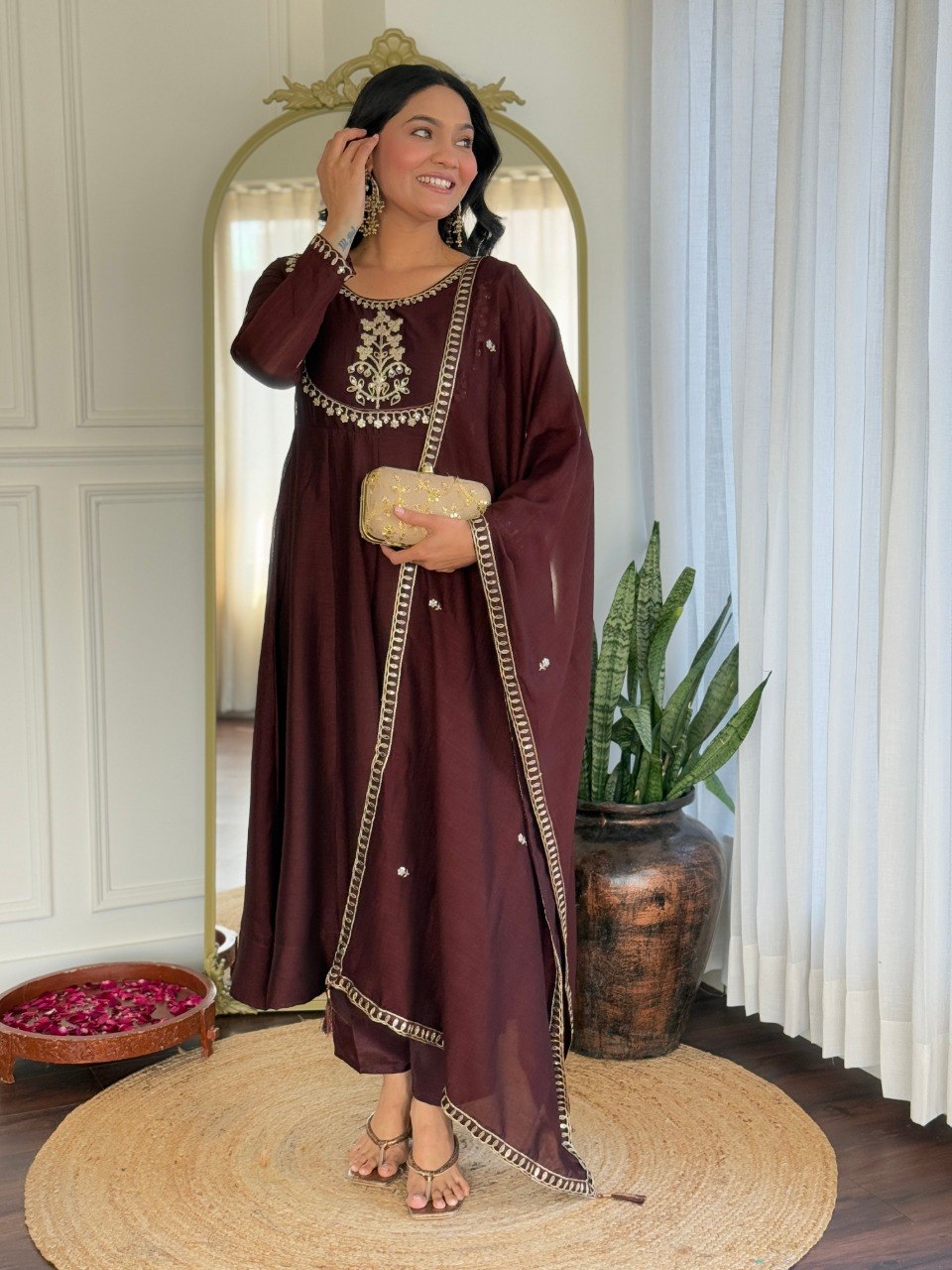 Women Maroon Embroidered Anarkali Kurta Set with Dupatta
