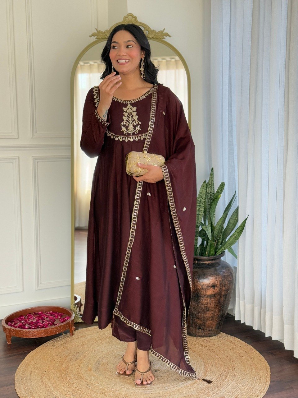 Women Maroon Embroidered Anarkali Kurta Set with Dupatta