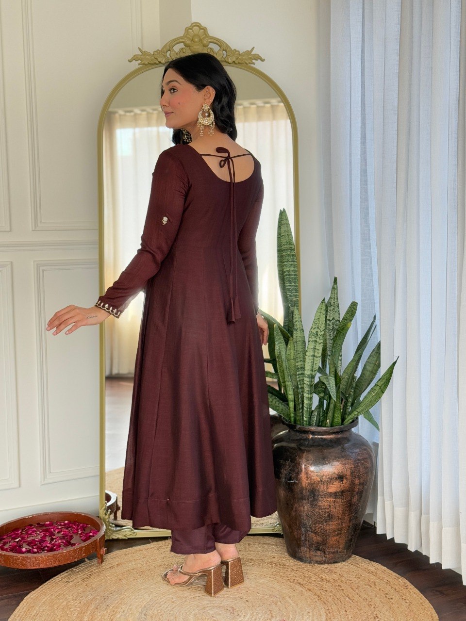 Women Maroon Embroidered Anarkali Kurta Set with Dupatta
