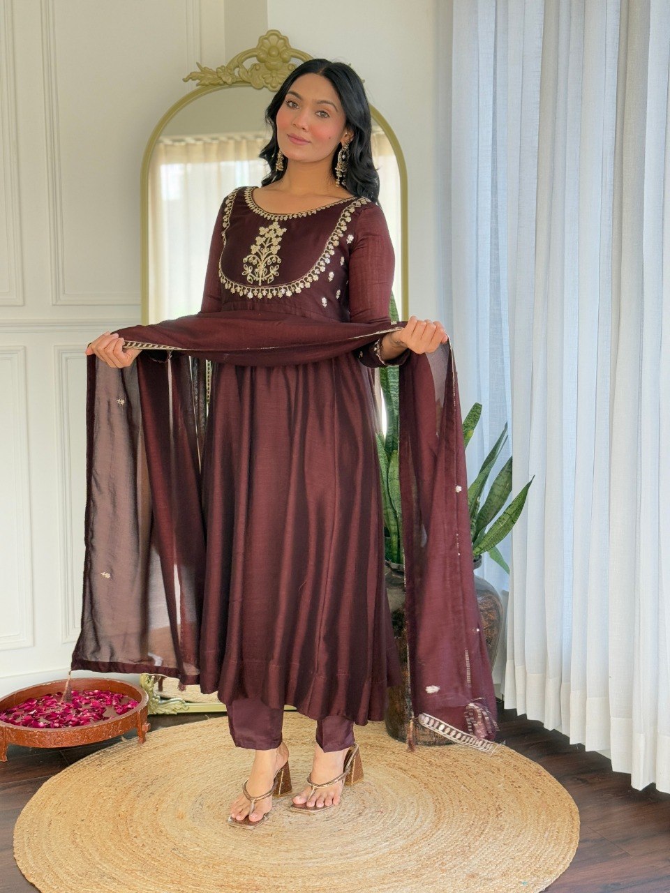 Women Maroon Embroidered Anarkali Kurta Set with Dupatta