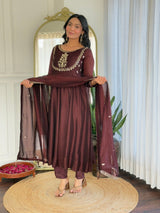 Women Maroon Embroidered Anarkali Kurta Set with Dupatta