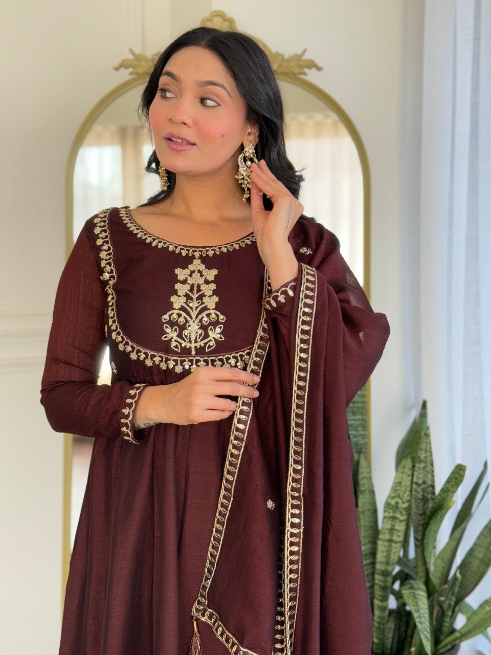 Women Maroon Embroidered Anarkali Kurta Set with Dupatta