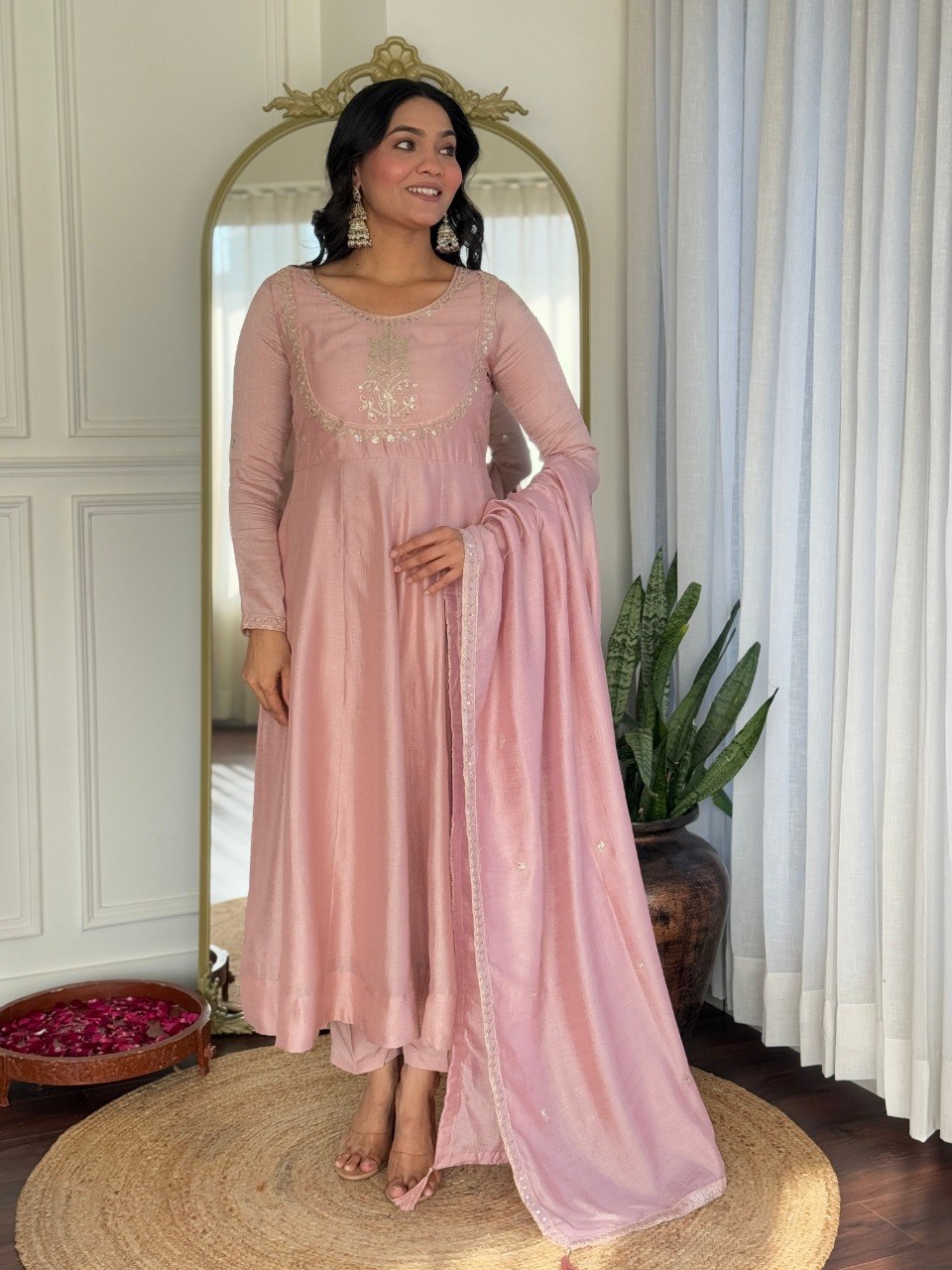 Women Blush Pink Embroidered Anarkali Kurta Set with Dupatta