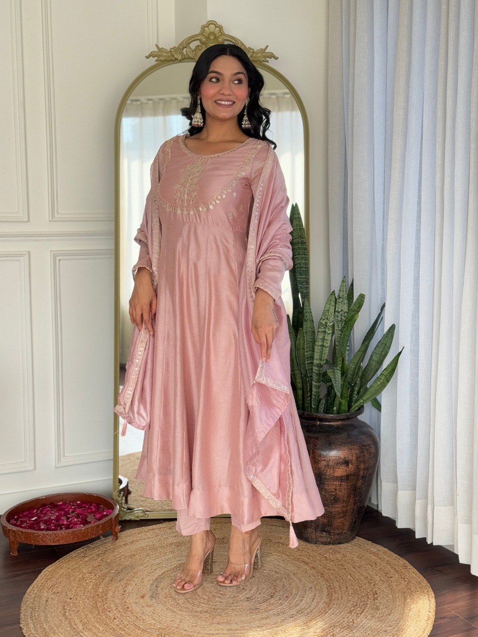 Women Blush Pink Embroidered Anarkali Kurta Set with Dupatta