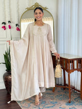 Women Beige Embroidered Anarkali Kurta Set with Dupatta