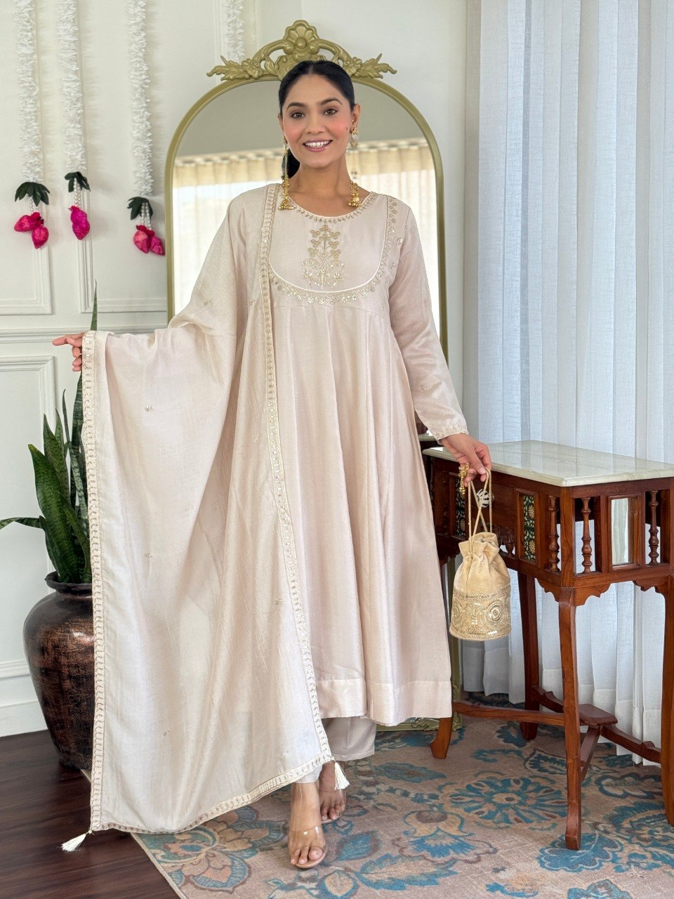 Women Beige Embroidered Anarkali Kurta Set with Dupatta