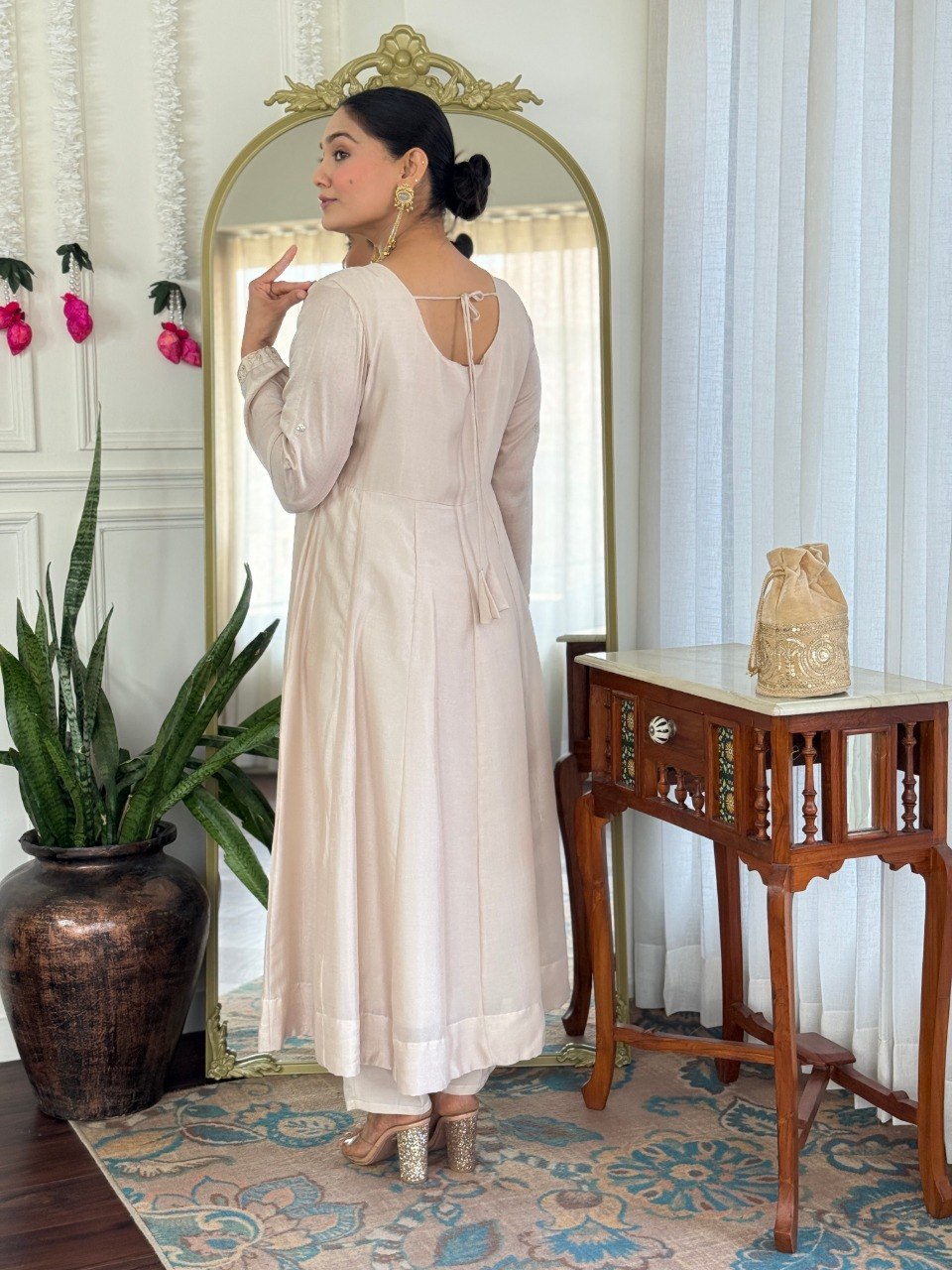 Women Beige Embroidered Anarkali Kurta Set with Dupatta