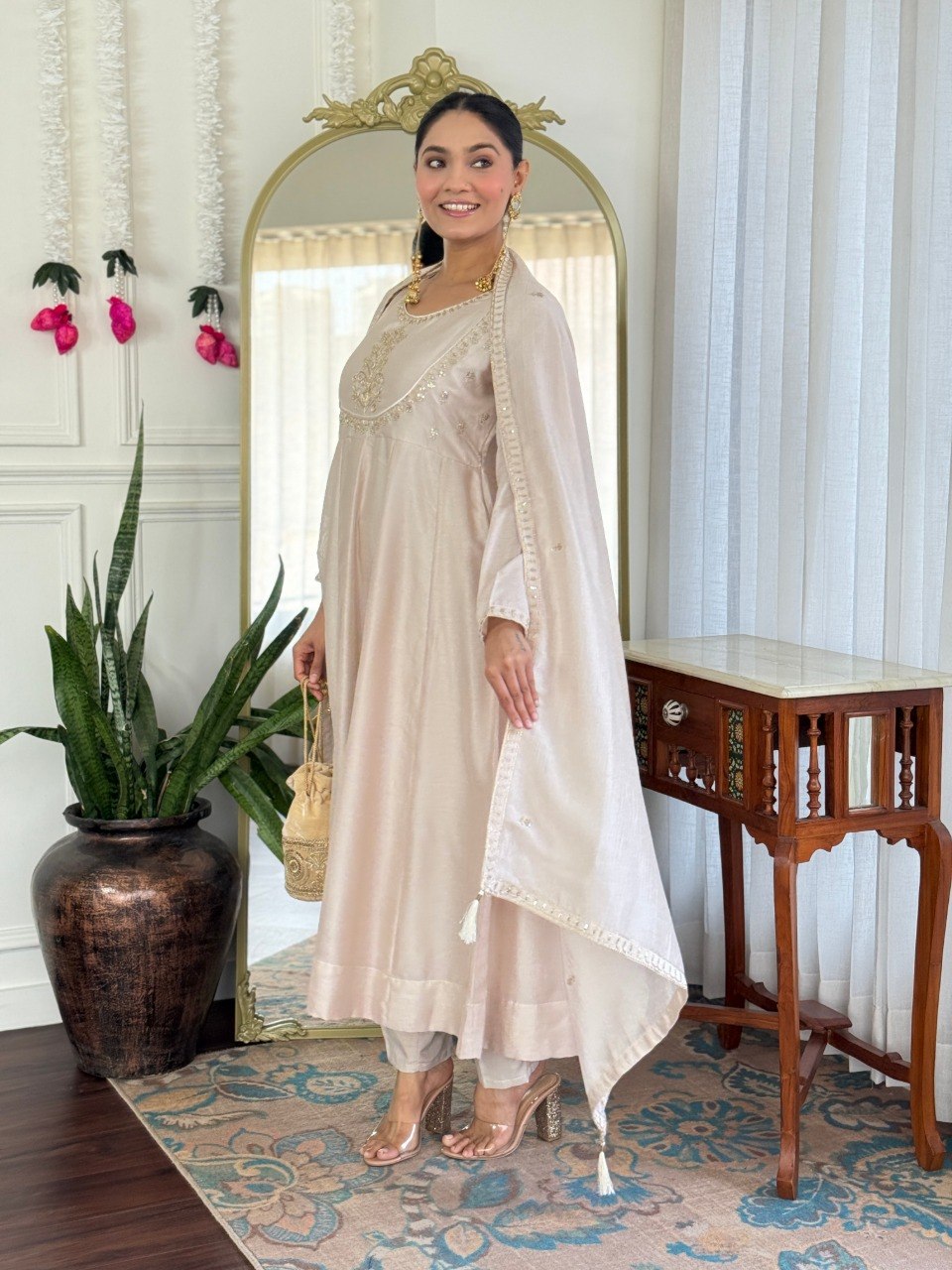 Women Beige Embroidered Anarkali Kurta Set with Dupatta