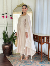 Women Beige Embroidered Anarkali Kurta Set with Dupatta