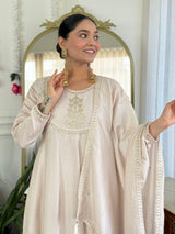 Women Beige Embroidered Anarkali Kurta Set with Dupatta