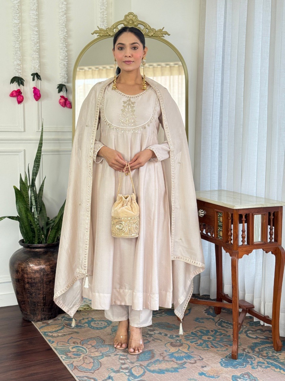 Women Beige Embroidered Anarkali Kurta Set with Dupatta