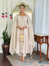 Women Beige Embroidered Anarkali Kurta Set with Dupatta