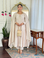 Women Beige Embroidered Anarkali Kurta Set with Dupatta