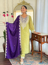 Women Lime Green Embroidered Kurta Set with Purple Dupatta