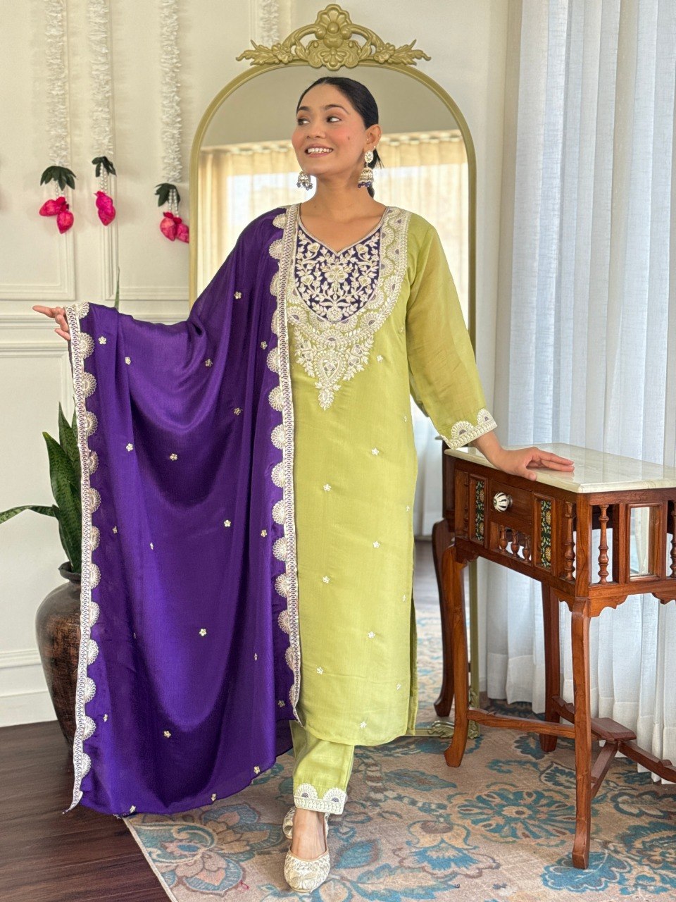 Women Lime Green Embroidered Kurta Set with Purple Dupatta
