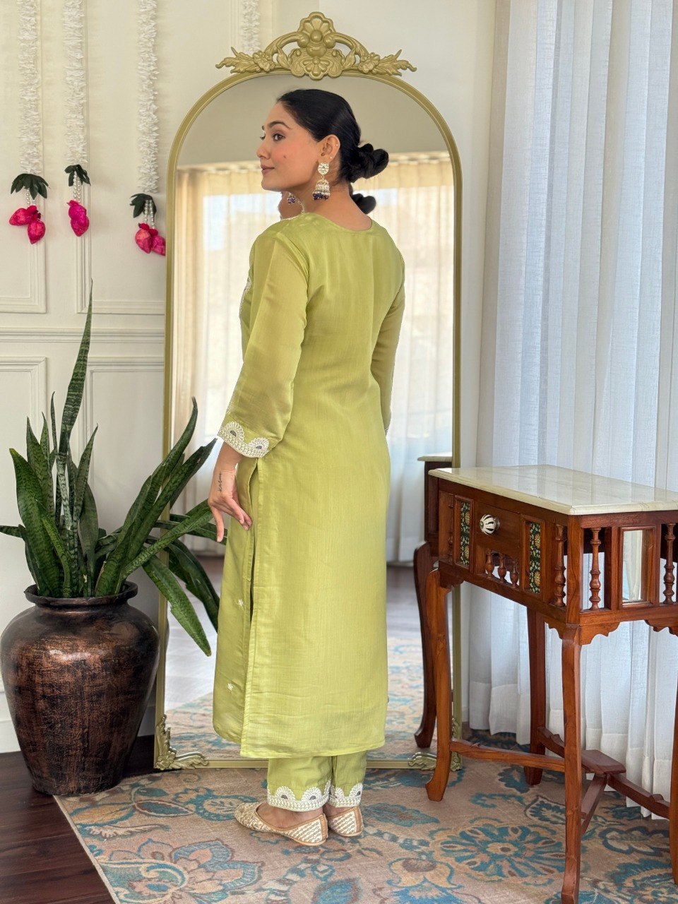 Women Lime Green Embroidered Kurta Set with Purple Dupatta