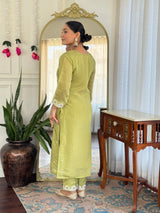 Women Lime Green Embroidered Kurta Set with Purple Dupatta