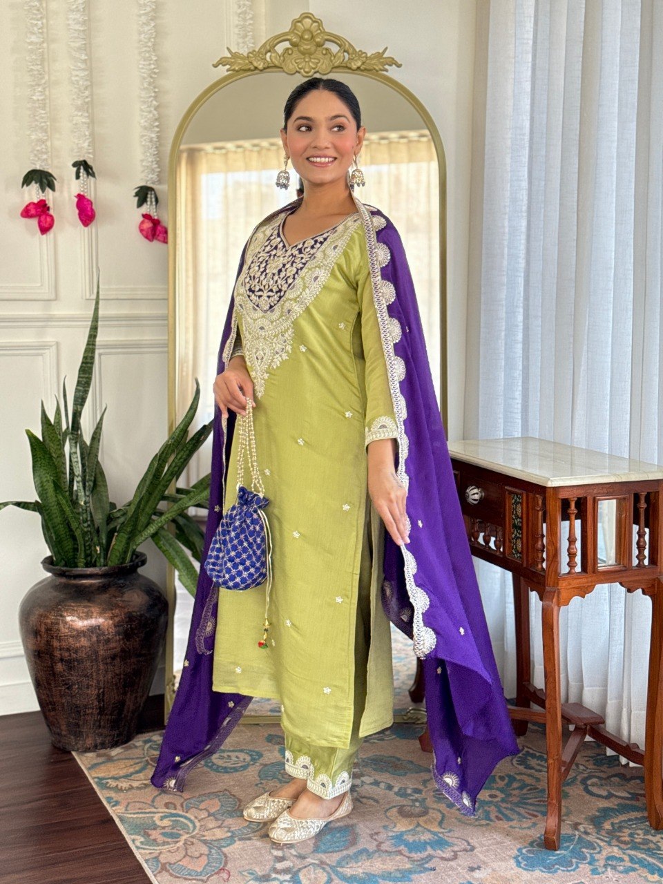 Women Lime Green Embroidered Kurta Set with Purple Dupatta