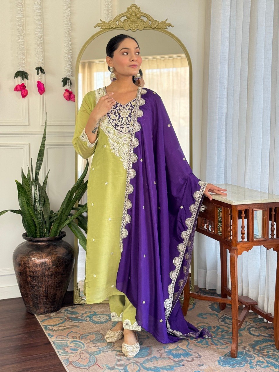 Women Lime Green Embroidered Kurta Set with Purple Dupatta