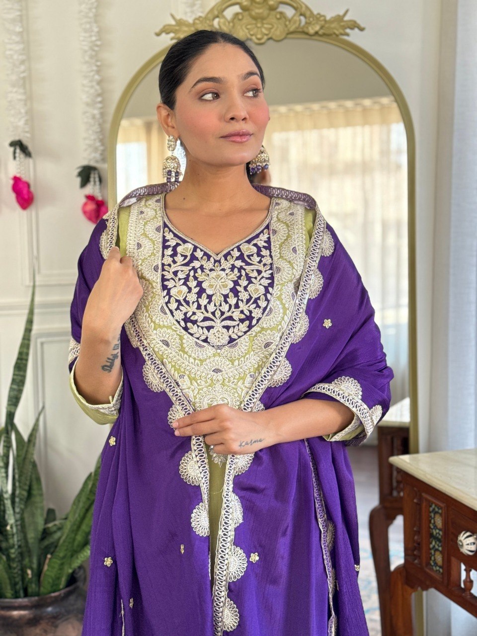 Women Lime Green Embroidered Kurta Set with Purple Dupatta