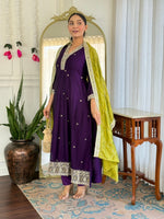 image, Women Purple Embroidered Kurta Set with Green Dupatta
