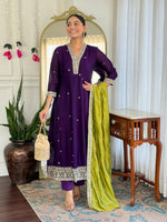 image, Women Purple Embroidered Kurta Set with Green Dupatta