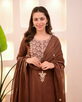 Women Brown Embroidered Kurta Set with Dupatta