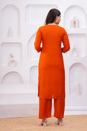 Women Orange Embroidered Kurta Set with Dupatta
