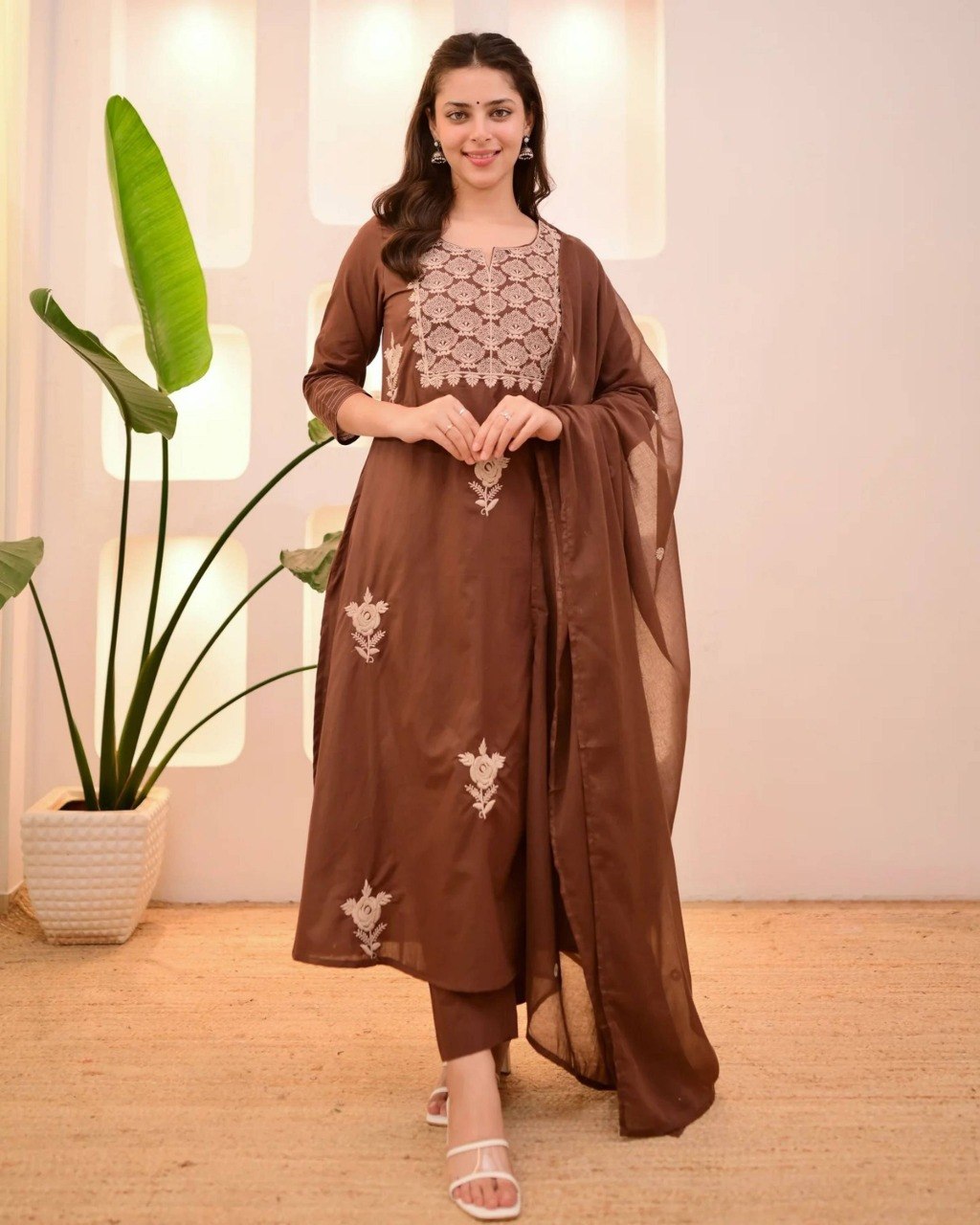 Women Brown Embroidered Kurta Set with Dupatta