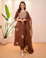 Women Brown Embroidered Kurta Set with Dupatta