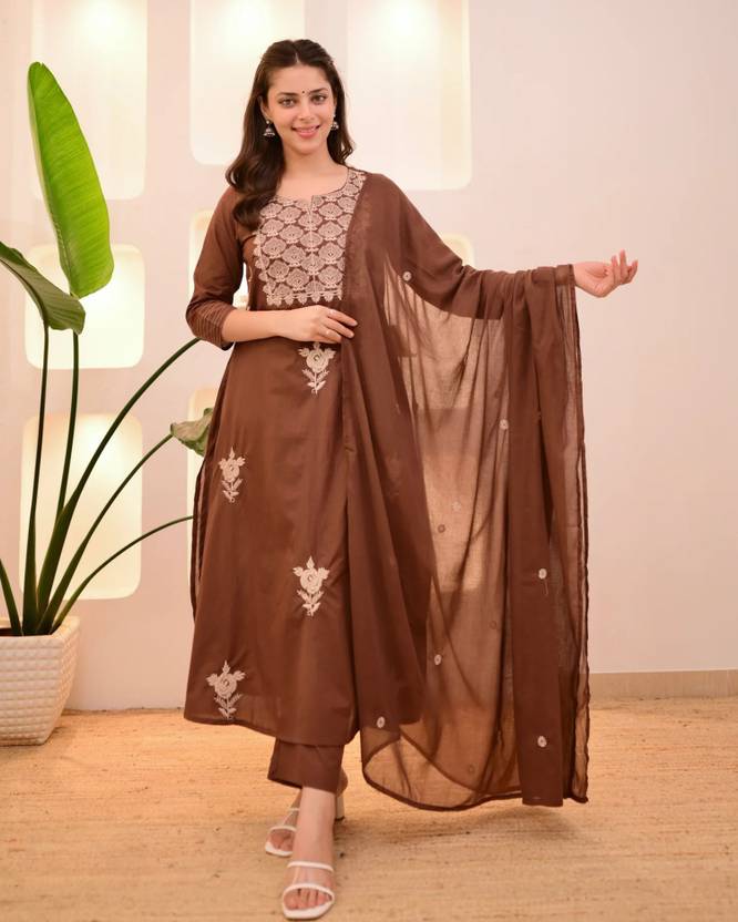 Women Brown Embroidered Kurta Set with Dupatta