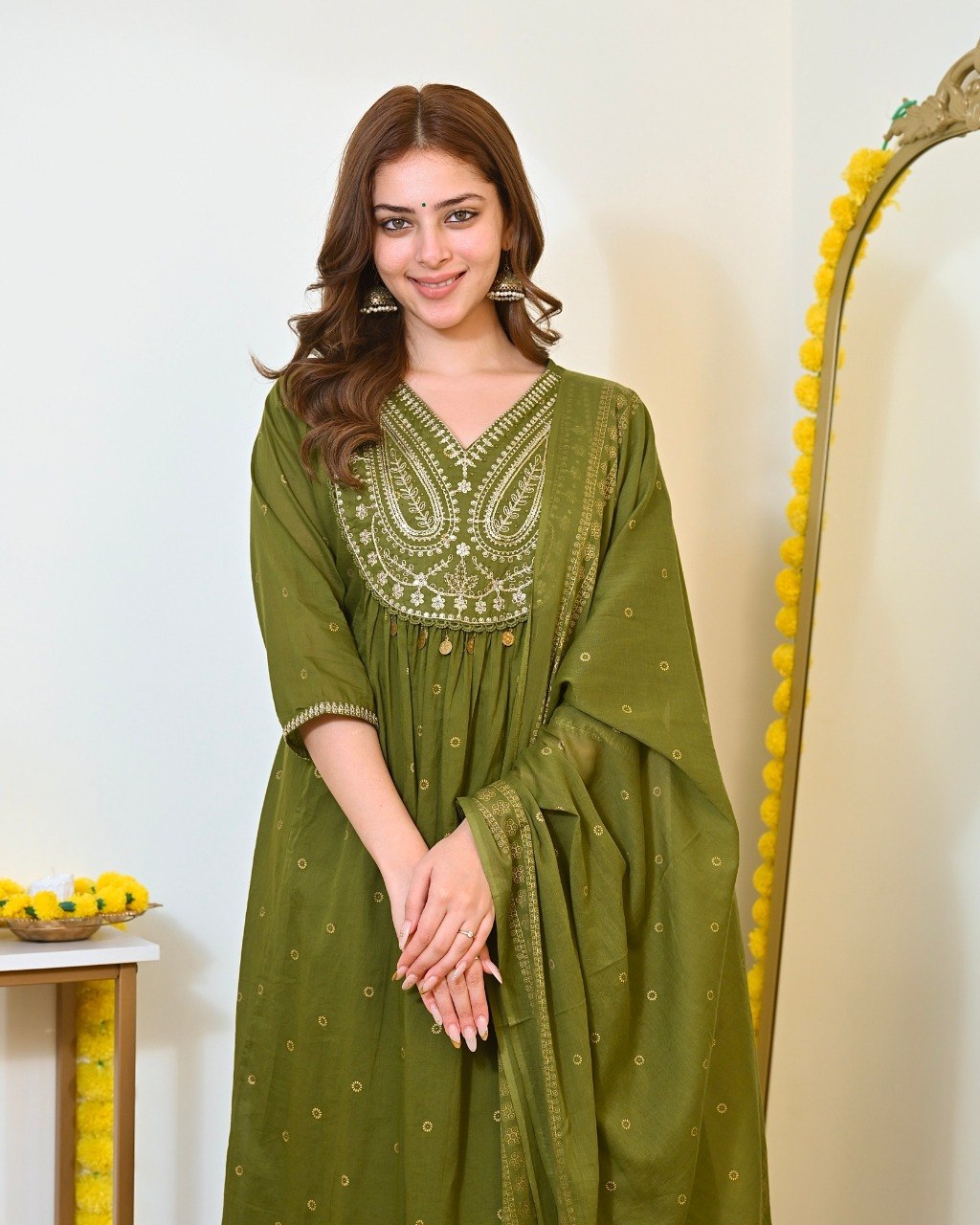 Women Olive Green Embroidered Kurta Set with Dupatta