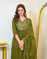Women Olive Green Embroidered Kurta Set with Dupatta