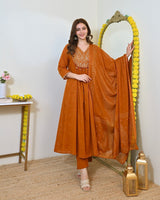 Women Rust Orange Embroidered Kurta Set with Dupatta