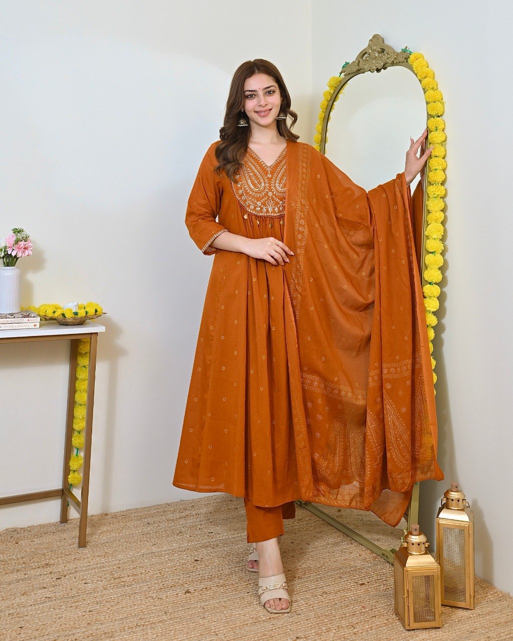 Women Rust Orange Embroidered Kurta Set with Dupatta