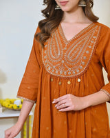 Women Rust Orange Embroidered Kurta Set with Dupatta
