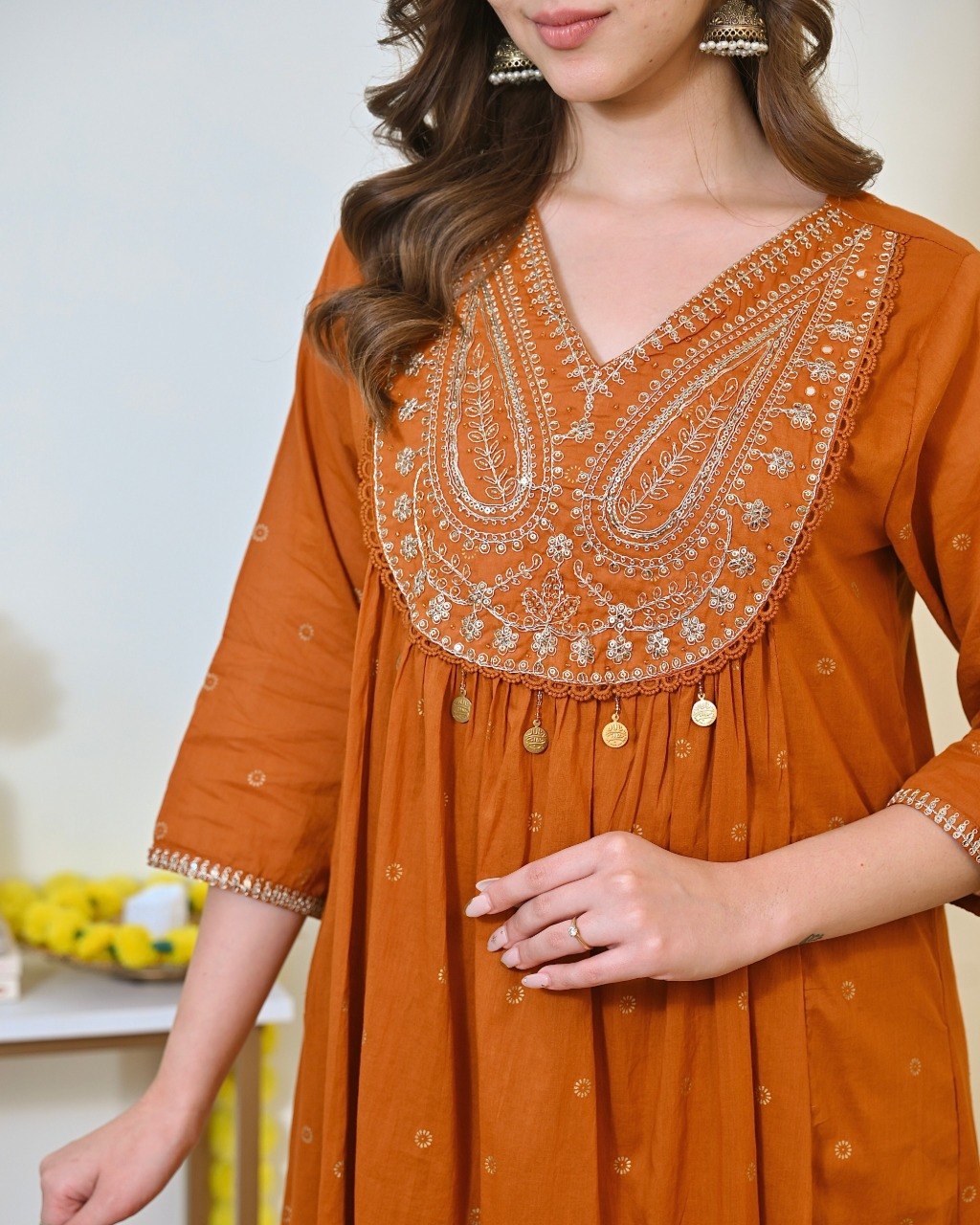 Women Rust Orange Embroidered Kurta Set with Dupatta