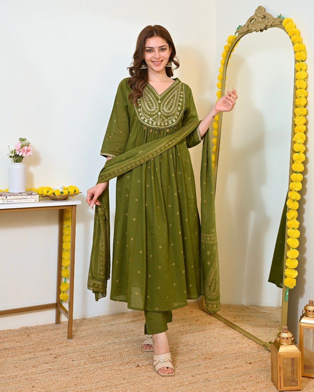 Women Olive Green Embroidered Kurta Set with Dupatta