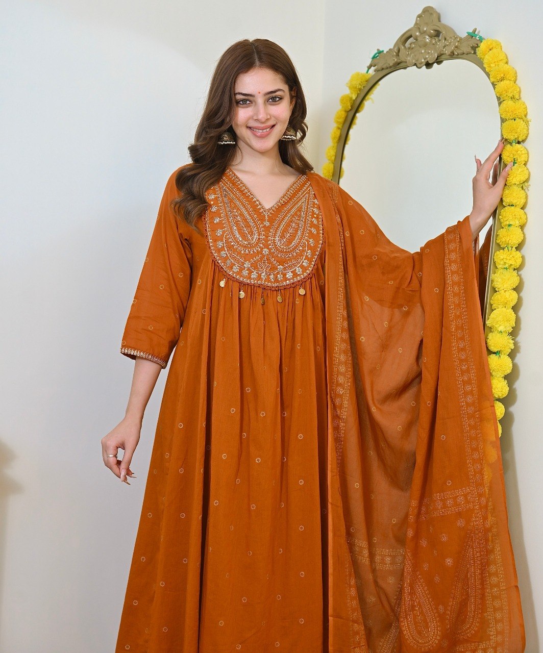 Women Rust Orange Embroidered Kurta Set with Dupatta