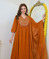 Women Rust Orange Embroidered Kurta Set with Dupatta
