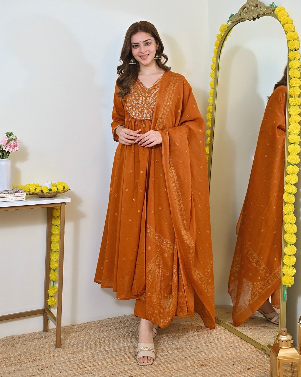 Women Rust Orange Embroidered Kurta Set with Dupatta