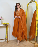 Women Rust Orange Embroidered Kurta Set with Dupatta
