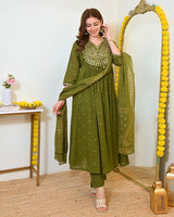 Women Olive Green Embroidered Kurta Set with Dupatta