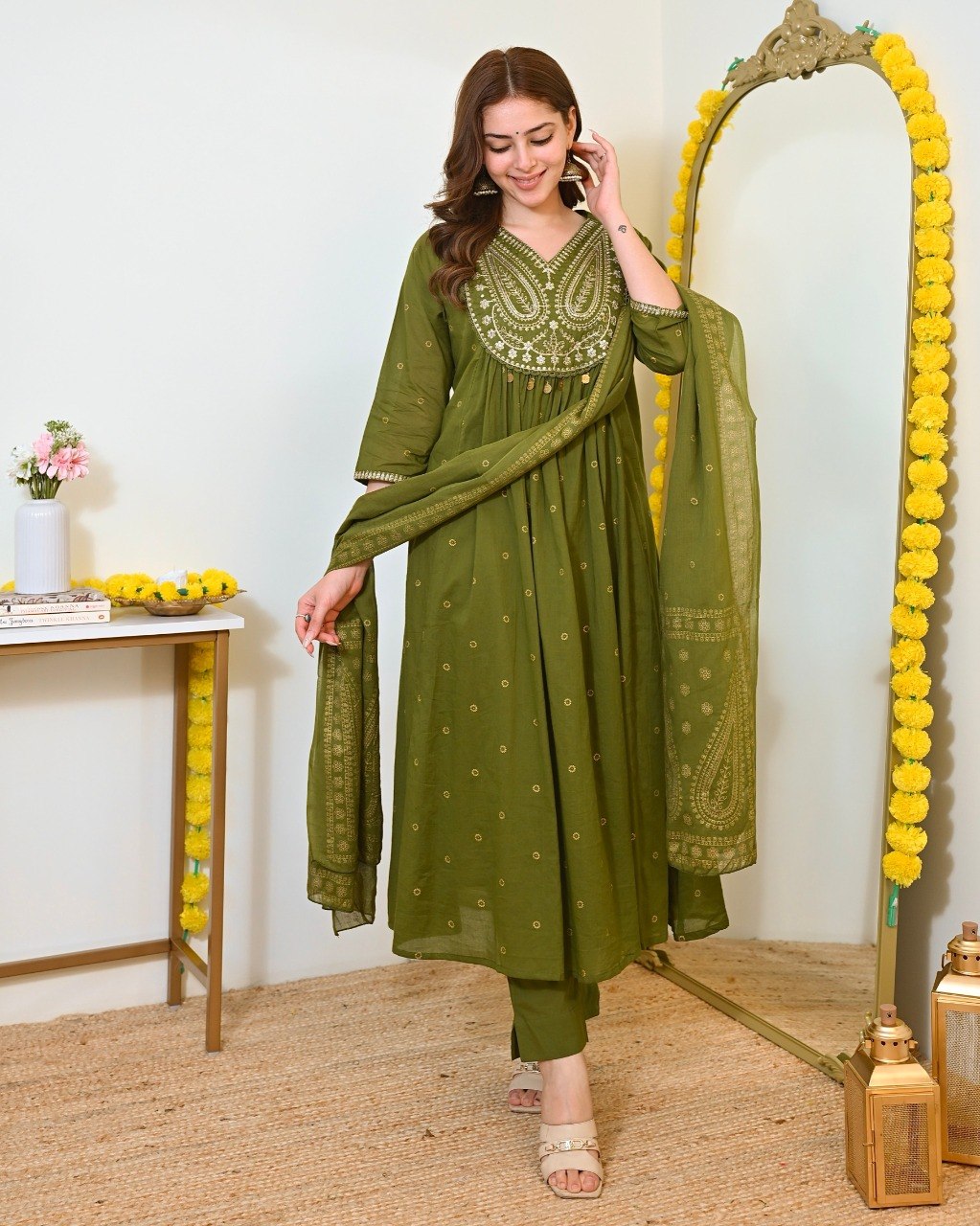 Women Olive Green Embroidered Kurta Set with Dupatta